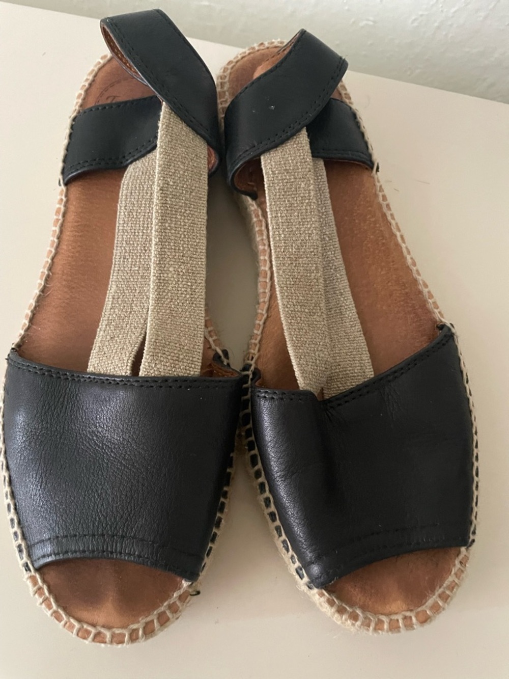 Women's Black Leather Espadrille Sandals with Natural Elastic Strap